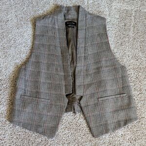 Massimo Dutti Vest Womens L Brown Plaid Wool Blend Open Lined Tie Back